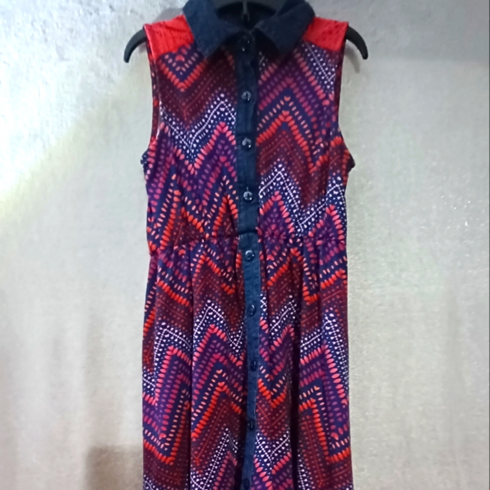 Emily West Girl's Button -Front  Printed High And Low Dress Size 8 Multi-Color